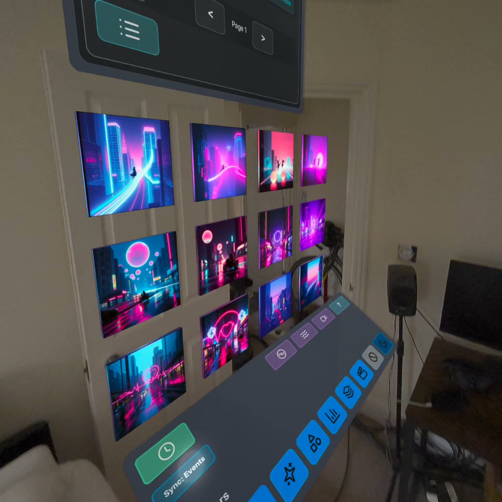 Album art wall and visualiser menu in a real room