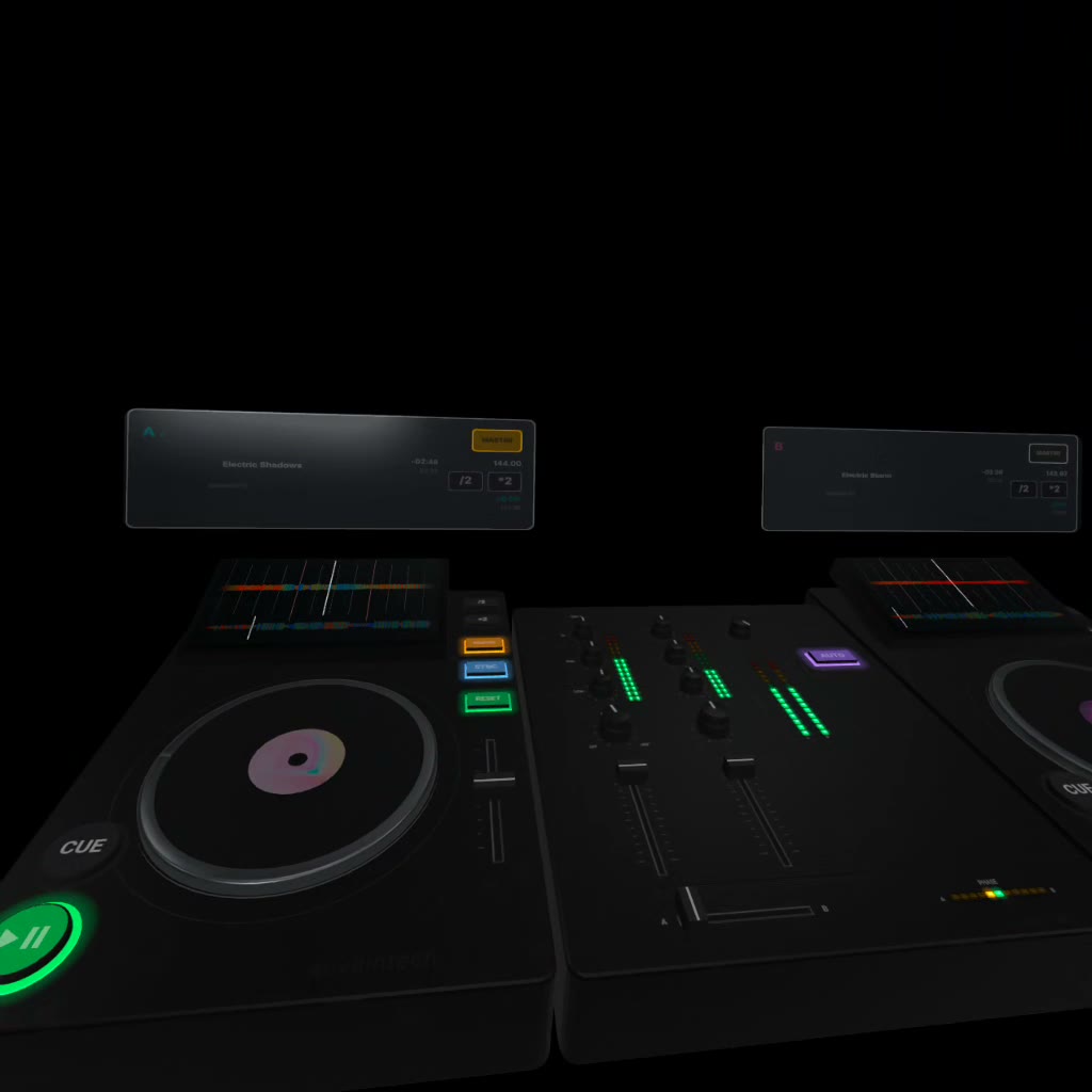 Decks and mixer with waveforms on the deck screens