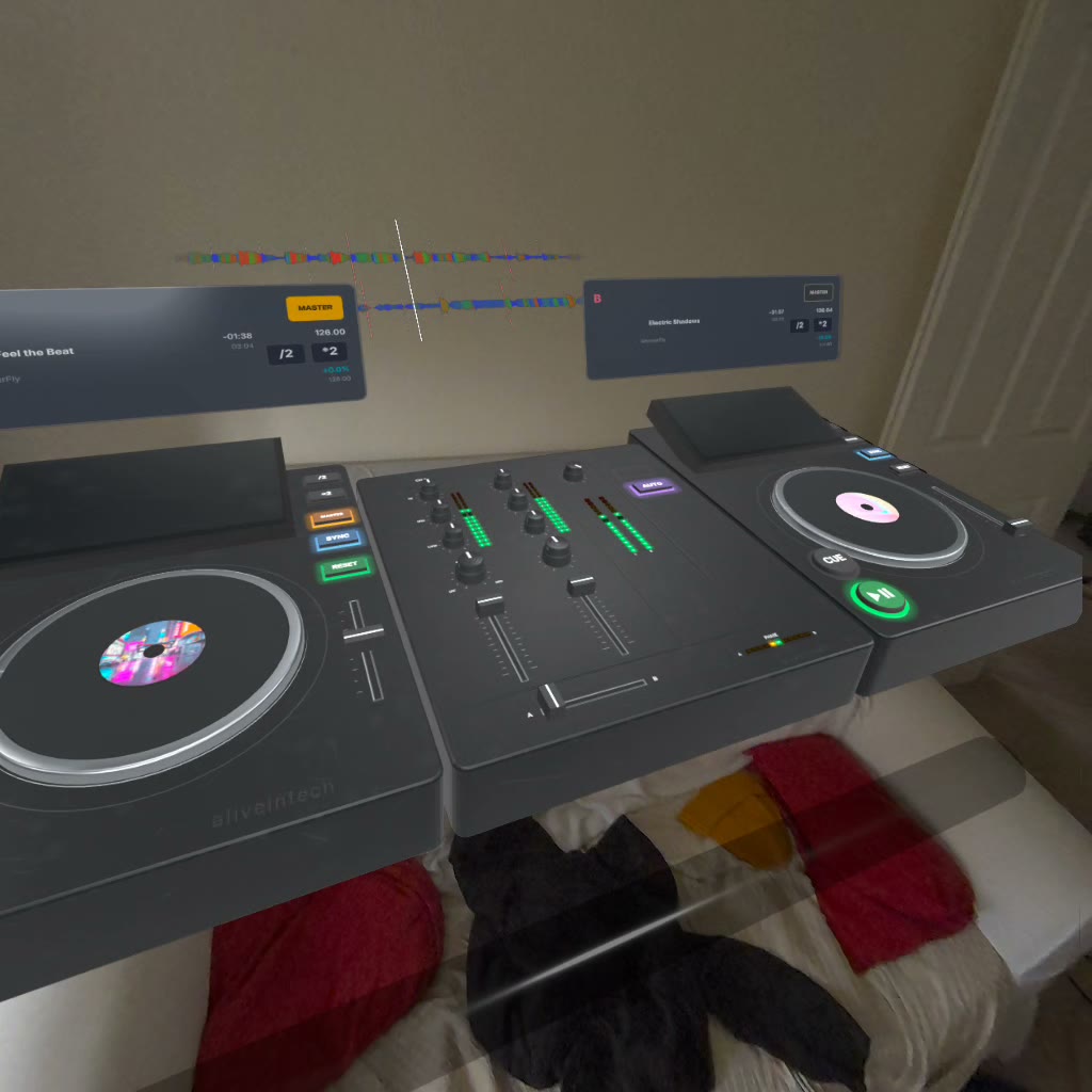 Immersive DJ decks floating in a real room in mixed reality